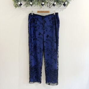 Vintage Blue Black Lace Lined Satin Wide Leg Whimsical Goth Pants Large fairy
